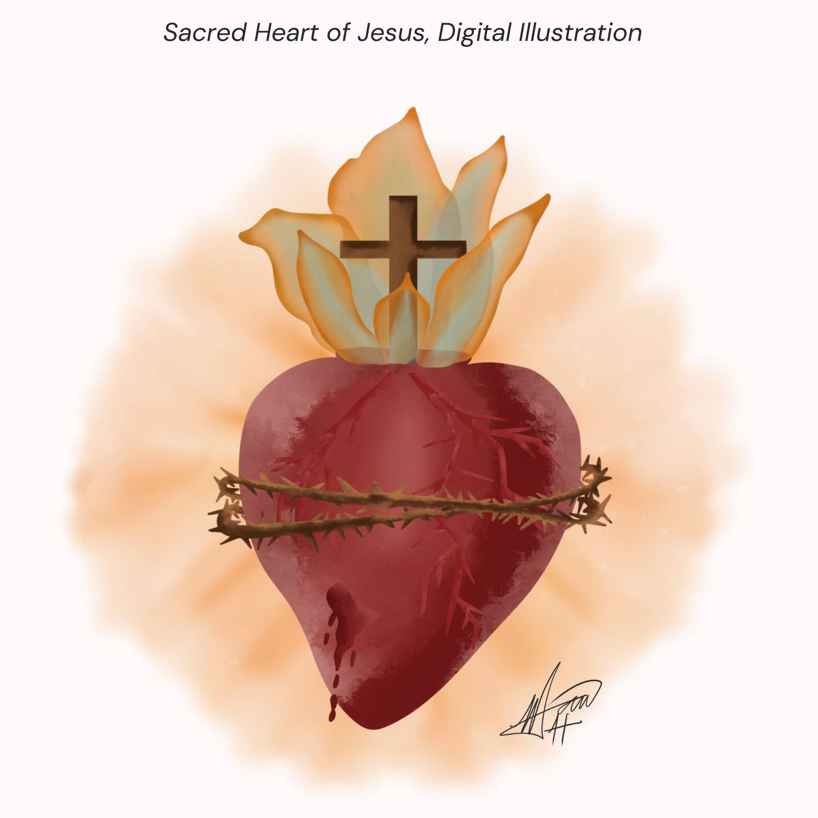 Digital Watercolor Illustration of the Sacred Heart of Jesus