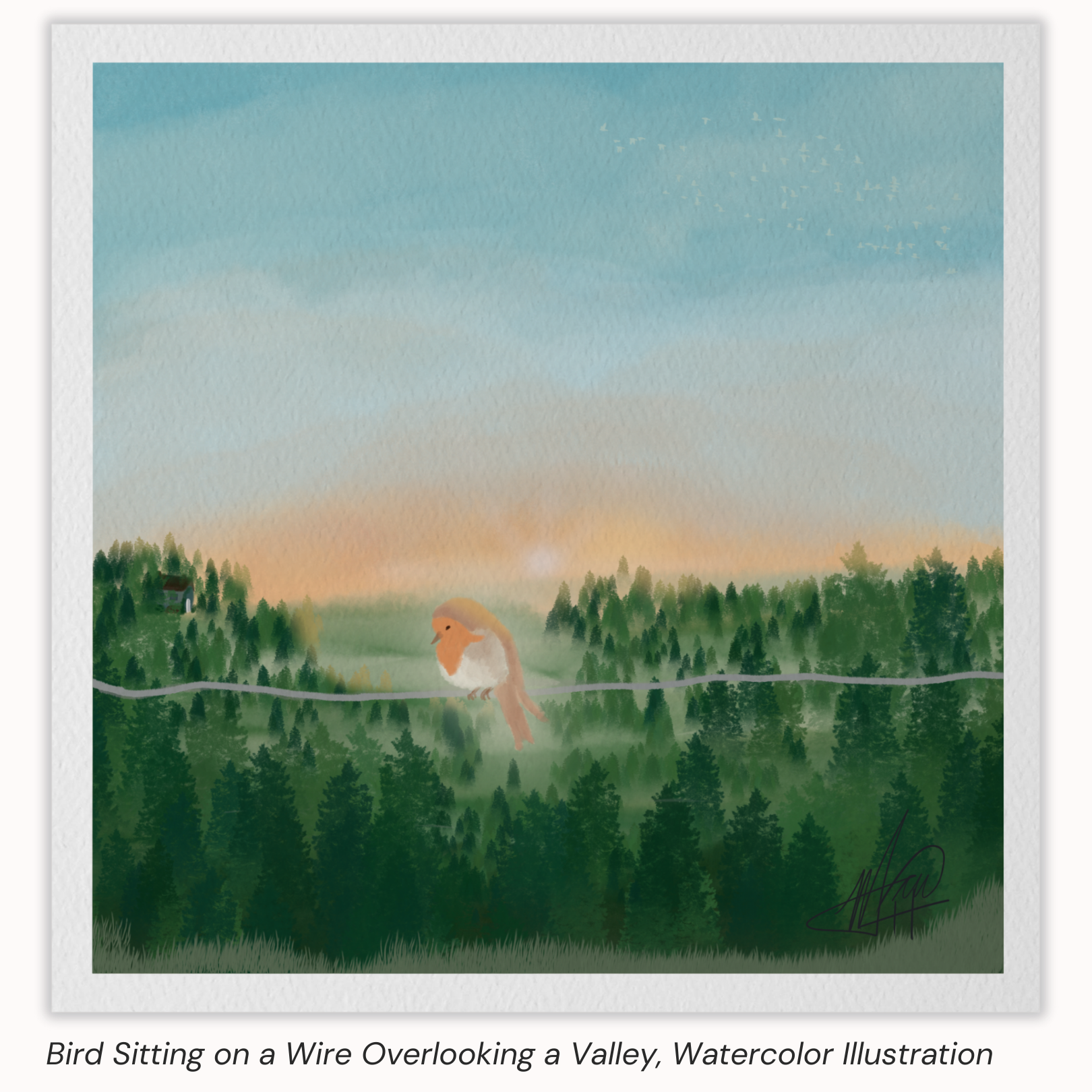 Maria von Hatten Watercolor Bird Sitting on a Wire Overlooking a Valley Illustration