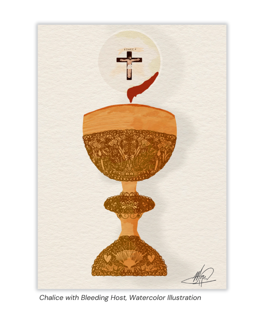 Maria von Hatten Watercolor Illustration Precious Golden Chalice with Intricate Pattern and Bleeding Host with Crucified Jesus